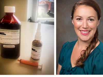 Image on left is bottle and nasal spray of iodine preparation. Image on left is a headshot of Dr. Alex Kejner. 