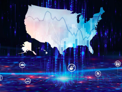 Graphic of US map overlaid with informatics graphics.