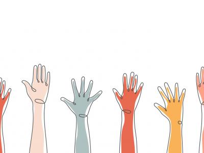 Illustration of raised hands in a horizontal line 