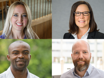 The COBRE grant will support four early career researchers, top: Carrie Shaffer, Gluck Equine Research Center, and Martha Grady, College of Engineering, bottom: Samuel G. Awuah, College of Arts & Sciences, and Vincent Venditto, College of Pharmacy.