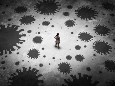 Illustrated black and white image of an isolated woman standing alone surrounded by covid molecules