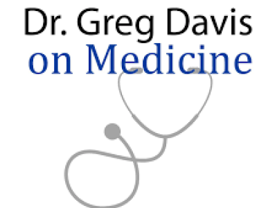 Logo that says across the top "Dr. Greg Davis on Medicine" and at the bottom is a blue University of Kentucky "UK" logo with WUKY written beside it. In the center of the image is a light gray silhouette of a stethoscope. 