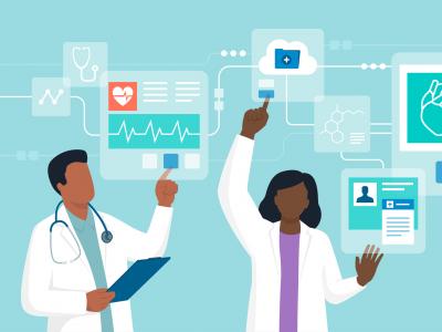 Illustrated stock image of people in white medical coats and scrubs pointing at a network of health data above them. 