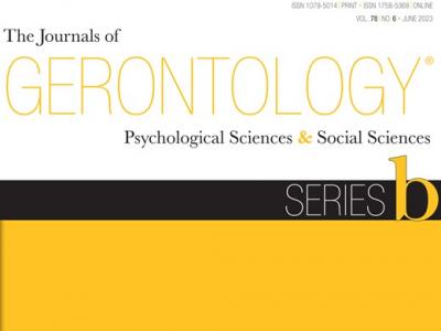 Cover of the Journal of Gerontology Series B. At the top it says GERONTOLOGY in a thin yellow font, below which is a black horizontal stripe that says Series B, and the bottom 2/5 of the cover is a solid field of yellow. 