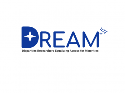 Logo for the DREAM Program: In large blue text is the word Dream, with the whole in the D shaped as a white four-point star, and then three smaller four-point stars appear at the end of the word, just above the M. Below, in smaller black text, the meaning of the DREAM acronym is spelled out: Disparities Researchers Equalizing Access for Minorities.