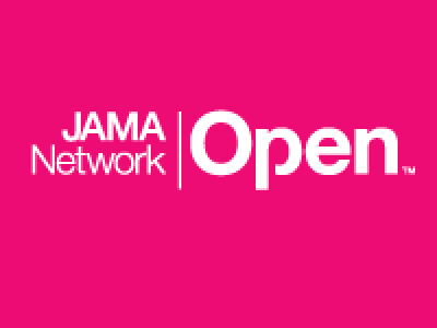 Logo of JAMA Network Open: White text against a bright reddish pink background