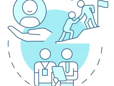 Teal and navy circle with icons representing mentorship