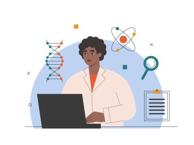 Illustration of a person in a white coat at a laptop with medical icons floating around them. 