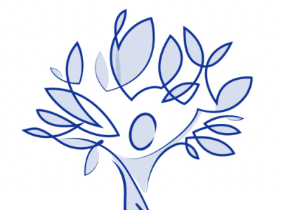 Abstract line illustration in shades of blue of a human figure with its arms morphing into leaves. 