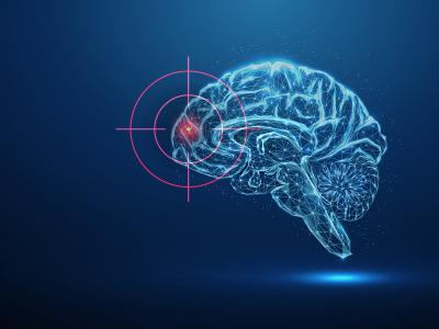 A bright blue transparent brain, against a dark blue background, with a red target focused on one part of the brain. 