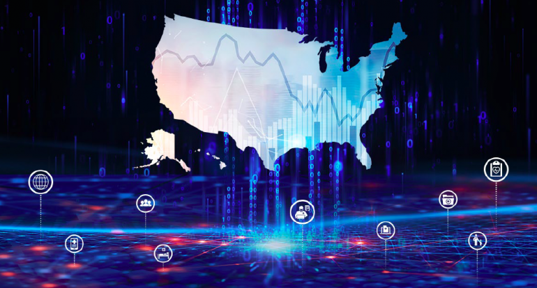 Graphic of US map overlaid with informatics graphics.