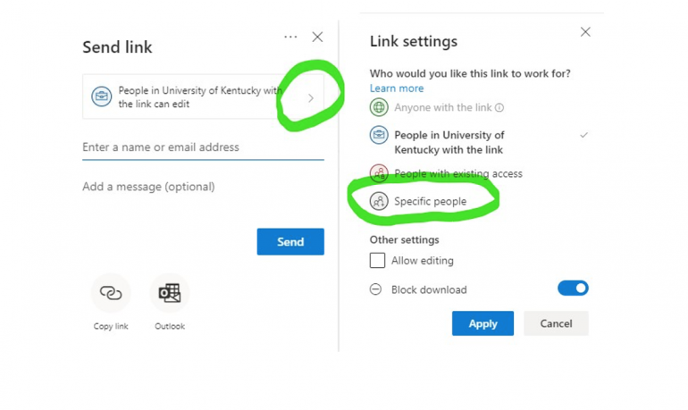 7. Choose  the arrow under send link to go to Link settings. Then choose "Specific people” from the list