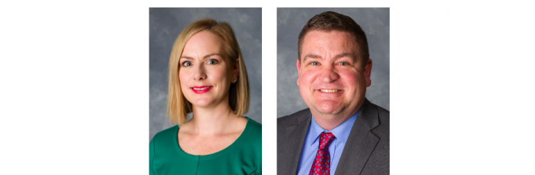 side by side headshots of Kristi Peshke, a blonde white woman, and Robert Mastin, a white man with short brown hair. 