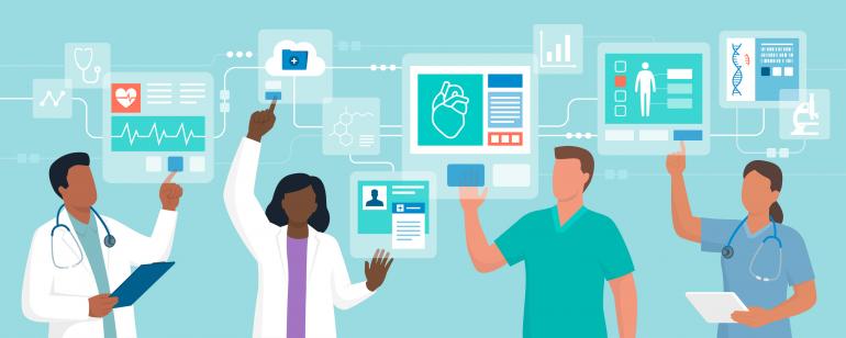 Illustrated stock image of people in white medical coats and scrubs pointing at a network of health data above them. 