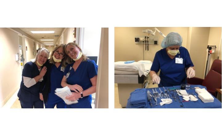 Side by side photos: the left side is three nurses standing close together and smiling in a medical center hallway, all wearing blue scrubs. The right photo is a clinical research nurse in blue scrubs and a yellow mask preparing a tray of tools for a biopsy. 
