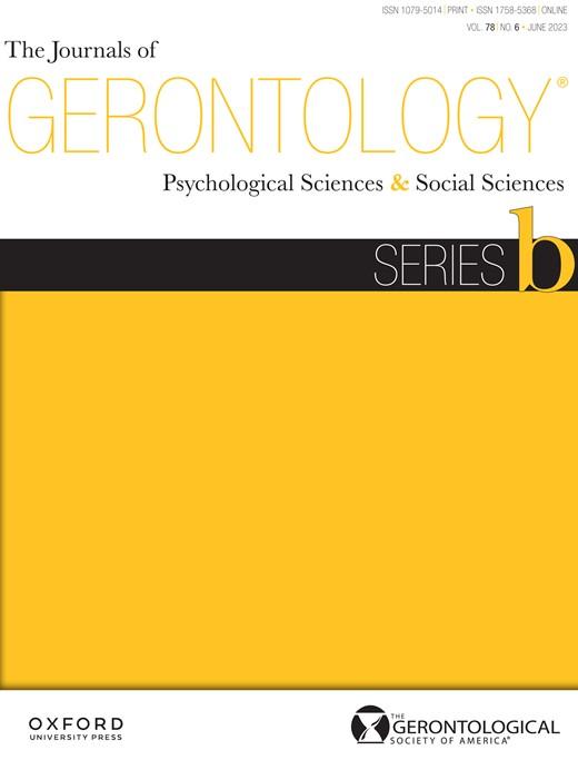Cover of the Journal of Gerontology Series B. At the top it says GERONTOLOGY in a thin yellow font, below which is a black horizontal stripe that says Series B, and the bottom 2/5 of the cover is a solid field of yellow.