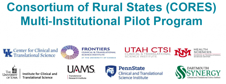 Headline says Consortium of Rural States (CORES) Multi-institutional Pilot Program. Below the headline are the logos of the eight CORES institutions. 
