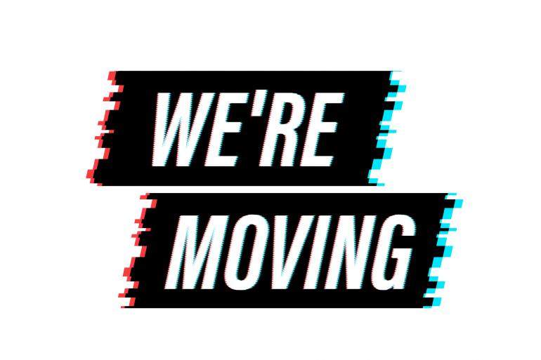 White, all-caps text reads "We're Moving" against black rectangular parallelograms; a slight blur effect suggests movement.