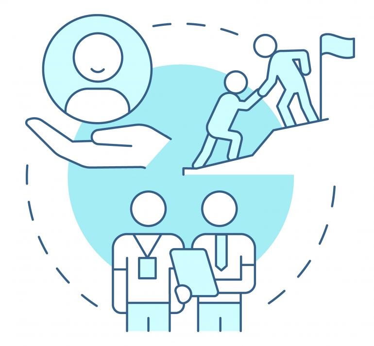 Teal and navy circle with icons representing mentorship
