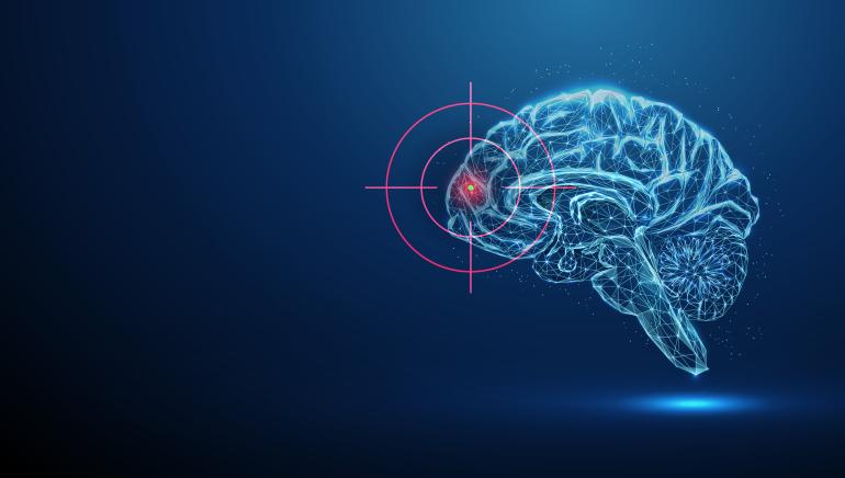 A bright blue transparent brain, against a dark blue background, with a red target focused on one part of the brain. 