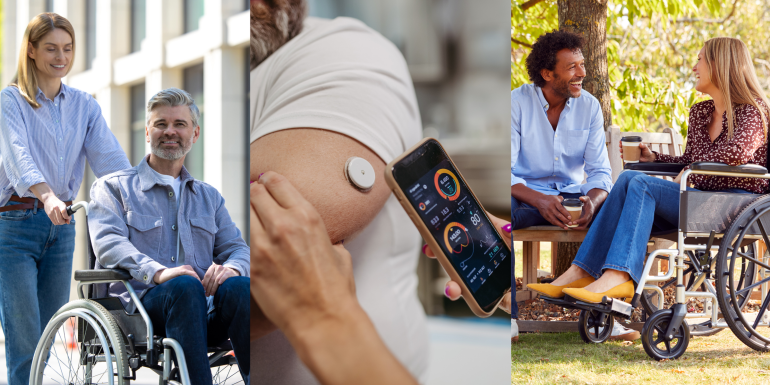 A collage of three images: the first image is a women pushing a middle aged man on a wheelchair, the second image is a doctor connecting continuous glucose monitor with smartphone, and the last image is a man and a women on a wheelchair talking. 
