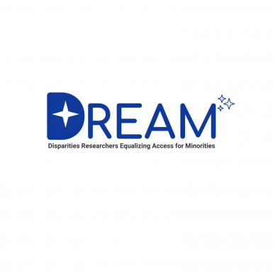 Logo for the DREAM Program: In large blue text is the word Dream, with the whole in the D shaped as a white four-point star, and then three smaller four-point stars appear at the end of the word, just above the M. Below, in smaller black text, the meaning of the DREAM acronym is spelled out: Disparities Researchers Equalizing Access for Minorities.