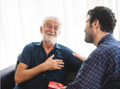 two men talking. 