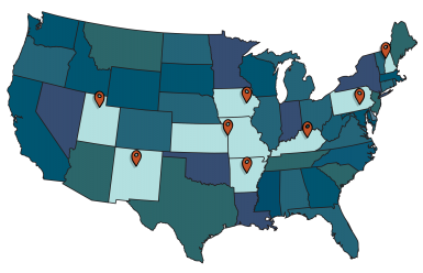 US map showing the locations of the CORES member institutions.
