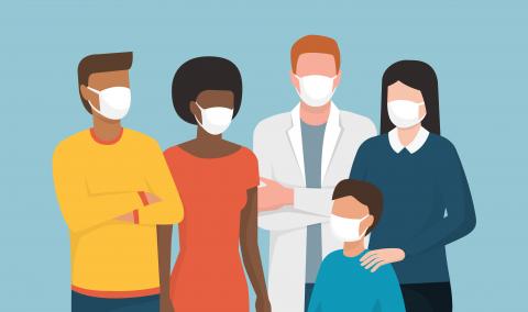 Illustration of diverse group of people wearing face masks.