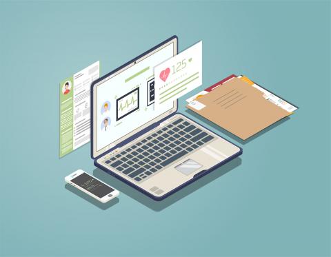 Illustrated image of an open laptop computer between a smartphone and file folders