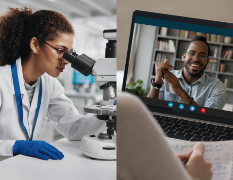 On the first image there is a scientist looking through a telescope. On the second image there is a man on zoom. 