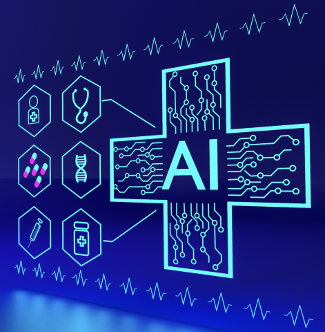 A large logo of a medical cross icon with the letters AI in the center; next to it are smaller icons representing a person, stethoscope, pills, DNA, syringe, and medicine bottle. The background is dark blue and the graphics are light blue. 