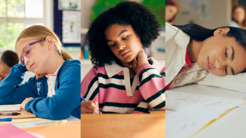 Three pictures of three girls looking stressed at school. 