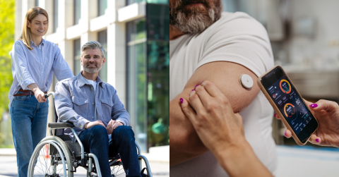 The first image is a women pushing a man in a wheelchair. The second image is someone holding a mans arm checking his glucose.