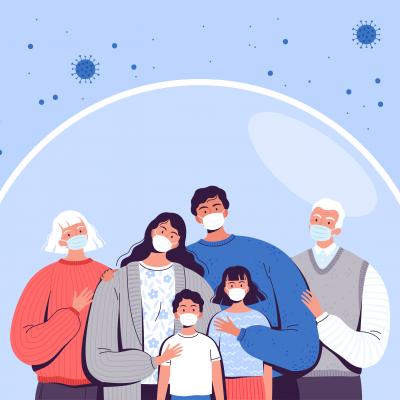 COVID prevention illustration of three generations of family wearing masks and shielded from virus particles.