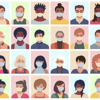 Grid of illustrated images of diverse adults wearing protective face masks.