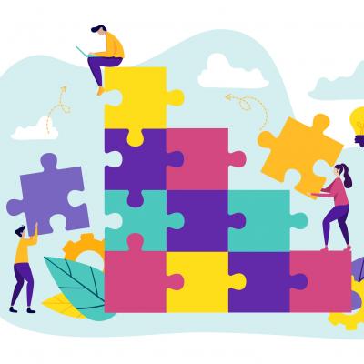 Illustrated image of people assembling multi-colored puzzle pieces, with clouds in the background and leaves and flowers at the base of the puzzle structure