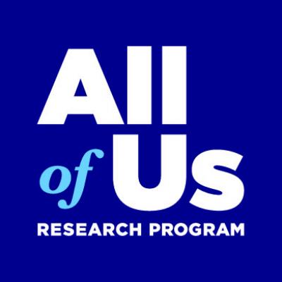 The All of Us Research Program logo is white text against a blue background.