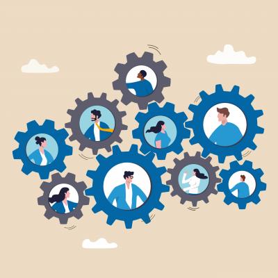 Illustration showing interconnected gears of various sizes with images of a person in the center of each gear, to suggest team work. The gears are either dark blue and gray, and that color scheme is carried over to the people shown within the gears. The background is a cream color, with a few clouds.