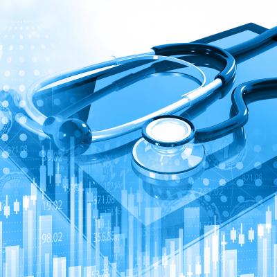 Biostatistics stock image: stethoscope rests on a electronic tablet; images of graphs are overlaid on the image.