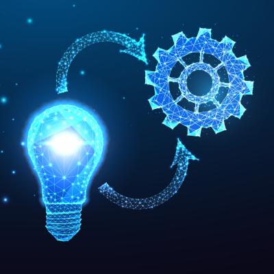 light bulb to gear, implying idea to implementation
