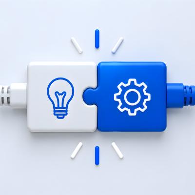 Two plugs, one with a light bulb icon, the other with a gear icon, joined together